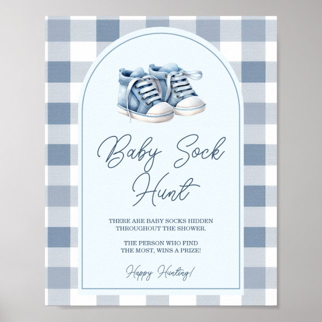 Blå babyskor Gingham Baby Shower Baby Strumpjakt Poster (Framsidan)