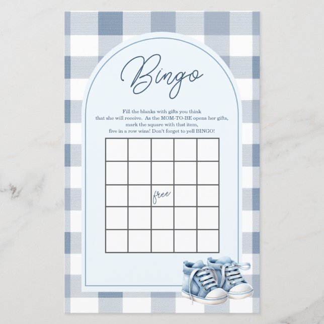 Blå babyskor Gingham Baby Shower Bingo-spel (Framsida)