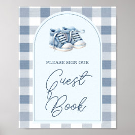 Blå babyskor Gingham Baby Shower Gästbok Poster