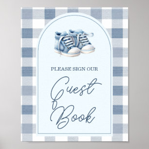 Blå babyskor Gingham Baby Shower Gästbok Poster