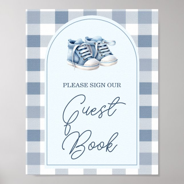 Blå babyskor Gingham Baby Shower Gästbok Poster (Framsidan)