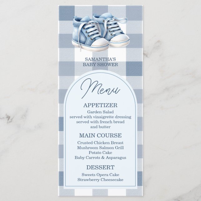 Blå babyskor Gingham pojk stövlar Baby Shower Meny (Framsida)