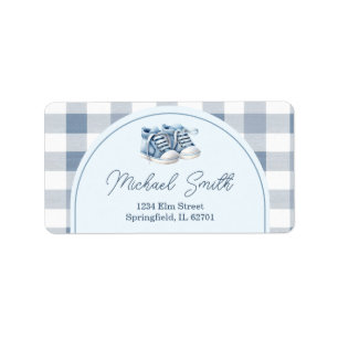 Blå babyskor Gingham Pojke Baby Shower Adress Adressetikett