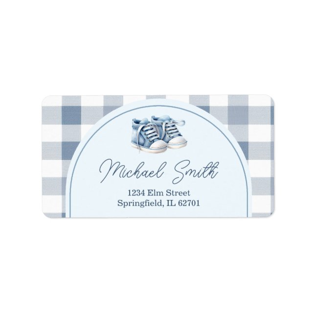 Blå babyskor Gingham Pojke Baby Shower Adress Adressetikett (Framsidan)