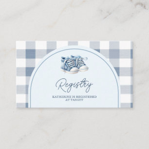 Blå babyskor Gingham Pojke Baby Shower Presentregi Tilläggskort