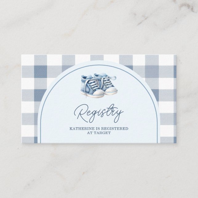 Blå babyskor Gingham Pojke Baby Shower Presentregi Tilläggskort (Framsida)