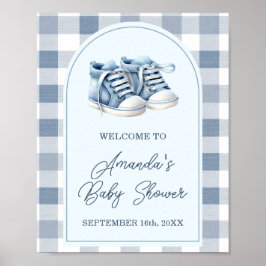Blå babyskor Gingham Pojke Baby Shower Välkommen Poster