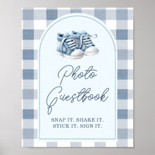 Blå babyskor Gingham Pojke Shower Fotogästbok Poster