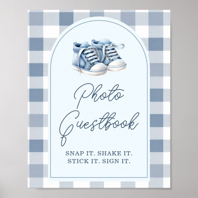 Blå babyskor Gingham Pojke Shower Fotogästbok Poster (Framsidan)