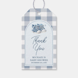 Blå babyskor Gingham pojkmössa Baby Shower Presentetikett