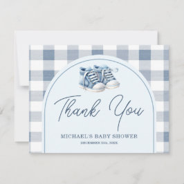 Blå babyskor Gingham pojkmössa Baby Shower Tack Kort