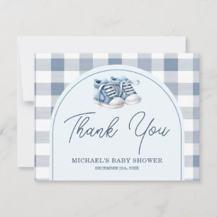 Blå babyskor Gingham pojkmössa Baby Shower Tack Kort
