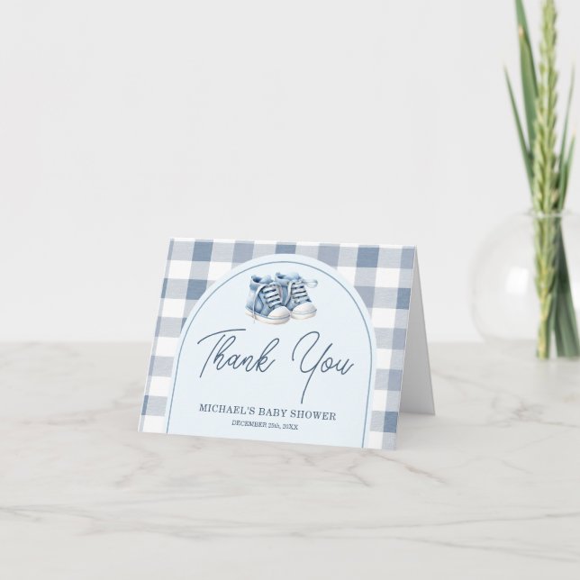 Blå babyskor Gingham-skor Baby Shower Vikt kort (Framsida)