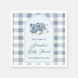 Blå babyskor Gingham strumpstövlar Baby Shower Pappersservett