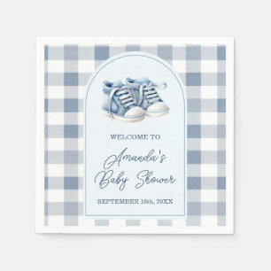 Blå babyskor Gingham strumpstövlar Baby Shower Pappersservett