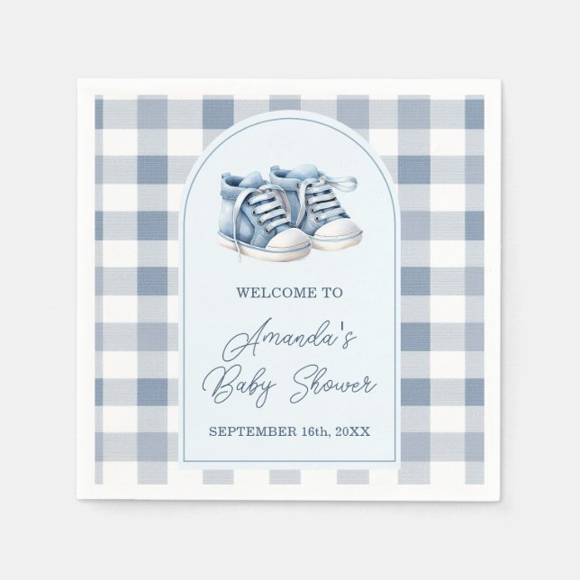 Blå babyskor Gingham strumpstövlar Baby Shower Pappersservett (Framsidan)