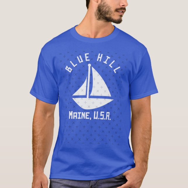 Blå Backe Maine Sailing Boating White Text Abstrac T Shirt (Framsida)