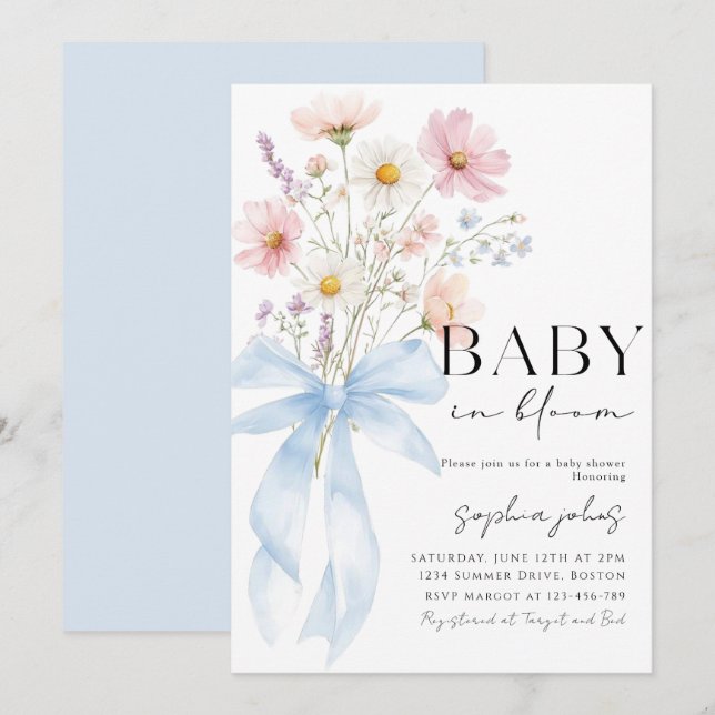 Blå båge Baby i blom Baby Shower Inbjudan (Fram/baksida)