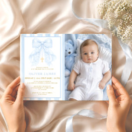 Blå båge Baby Pojke Dop Foto Inbjudan