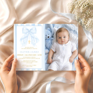 Blå båge Baby Pojke Dop Foto Inbjudan