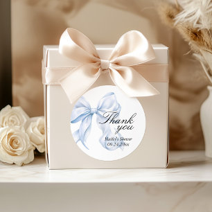 Blå båge baby shower tack, förmånsetiketter runt klistermärke