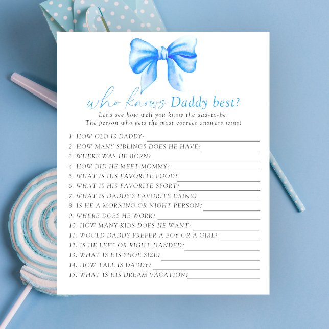 Blå båge baby shower Vem vet pappa bäst spel (Skapare uppladdad)