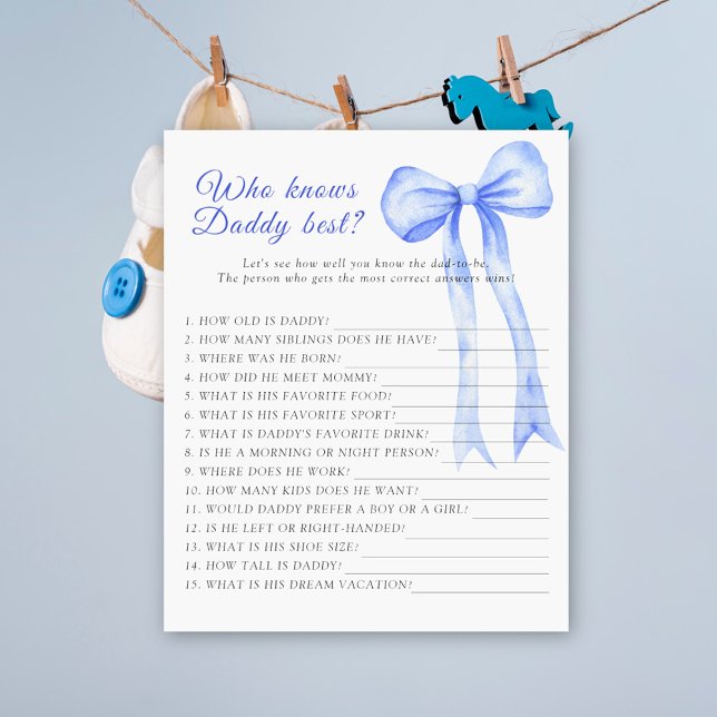 Blå båge baby shower Vem vet pappa bäst spel (Skapare uppladdad)