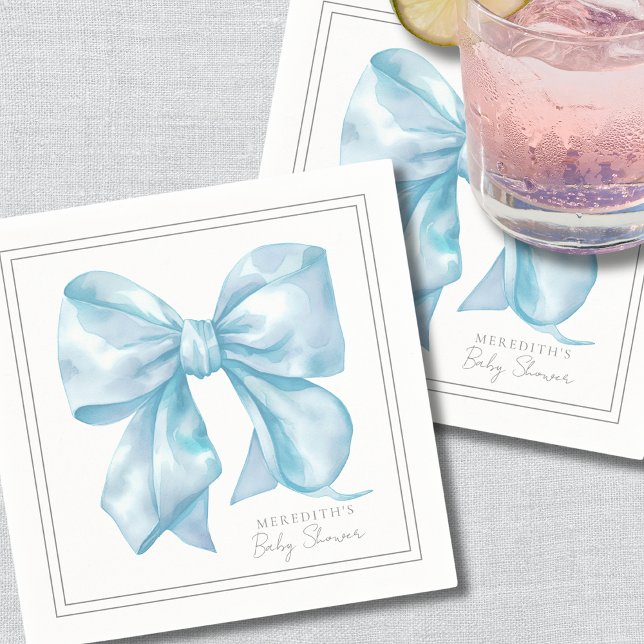 Blå Båge Bebisdopp Pappersservett (Blue Bow Baby Shower Napkins)