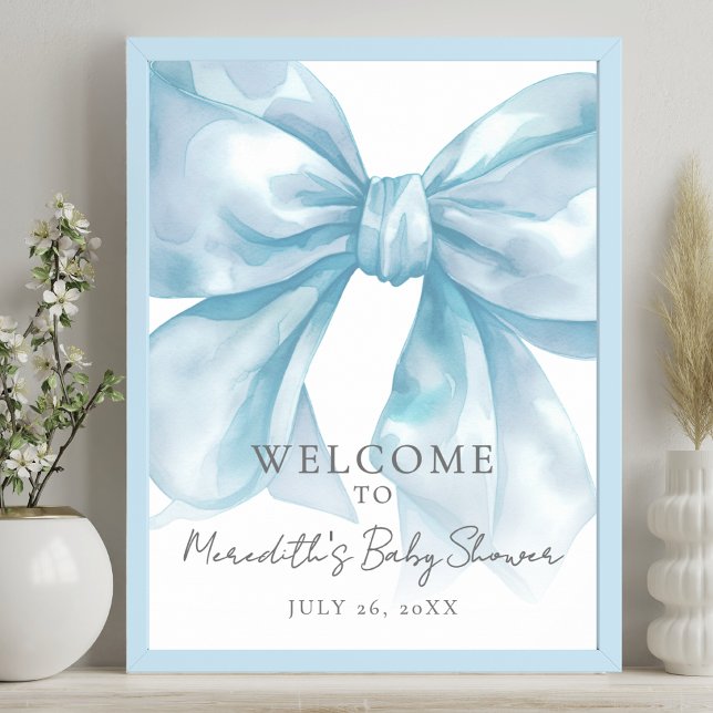 Blå Båge Bebisdopp Välkomstskylt Poster (Blue Bow Baby Shower Welcome Sign)