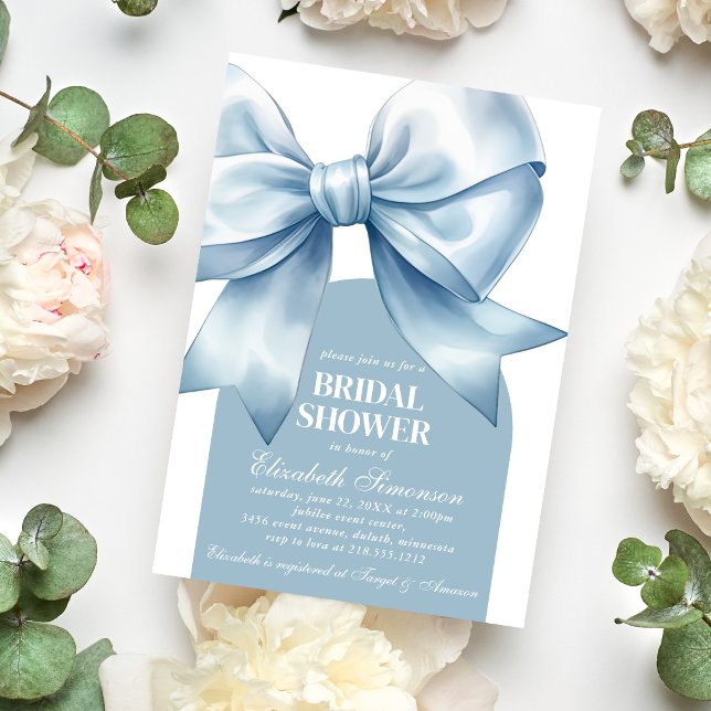 Blå båge Elegant bröllopsdusch Inbjudningar (Blue Bow Elegant Bridal Shower Invitation)