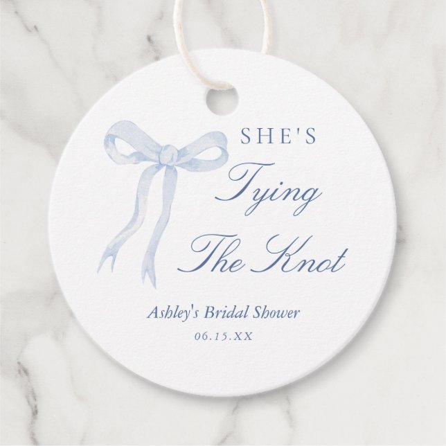 Blå båge Hon knyter knuten Bröllopsdusch Gåvor Etiketter (Framsida)