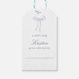 Blå båge som knyter knuten display dusch presentetikett