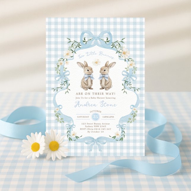 Blå båge tvillingpojkar kanin baby shower inbjudningar (Skapare uppladdad)