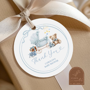 Blå båge vagn baby shower tack stiker runt klistermärke
