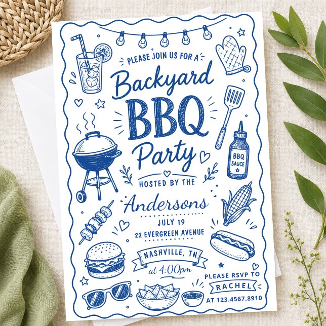 Blå Bakgårds BBQ-fest Sommar Handritad Krafthand Inbjudningar (Skapare uppladdad)