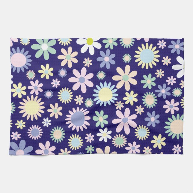 Blå Bakgrund Blommönster Kökshandduk (Horisontell)