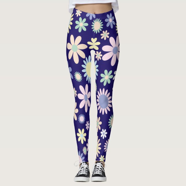 Blå Bakgrund Blommönster Leggings (Framsida)