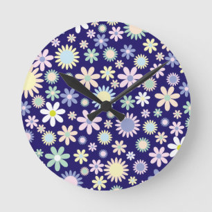 Blå Bakgrund Blommönster Rund Klocka