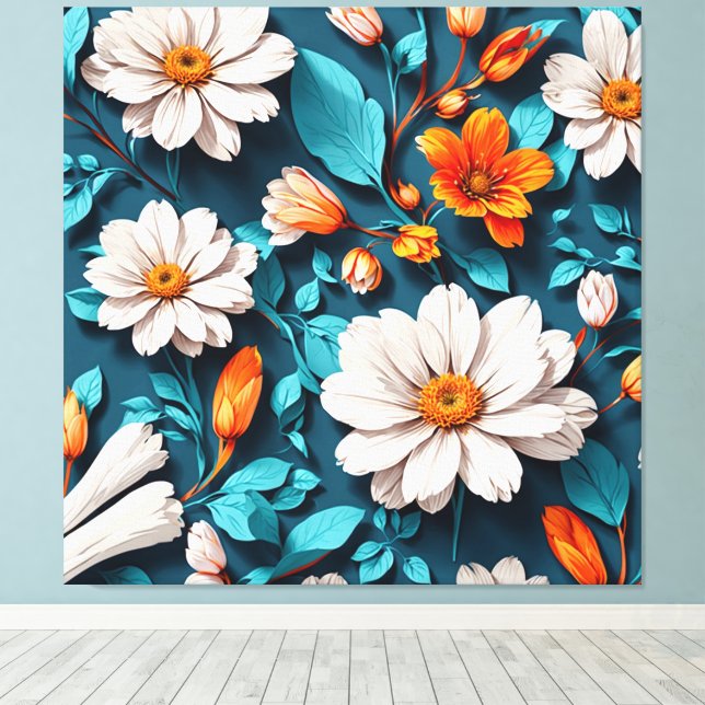 Blå bakgrund för blomma Mönster Canvastryck (Insitu (trägolv))