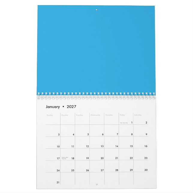 blå bakgrund med en svart och vit katt kalender (Jan 2027)