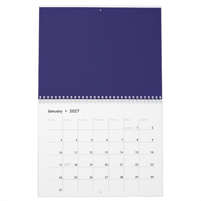 blå bakgrund med klocka på den kalender (Jan 2027)