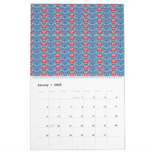 blå bakgrund med röd och vit design kalender