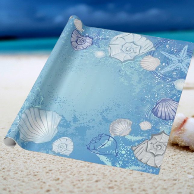 Blå bakgrund med Seashells Presentpapper (Summer Celebrations with Our Beach Wrapping Paper!)