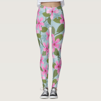Blå baljväxter av rosa blommor mönster leggings