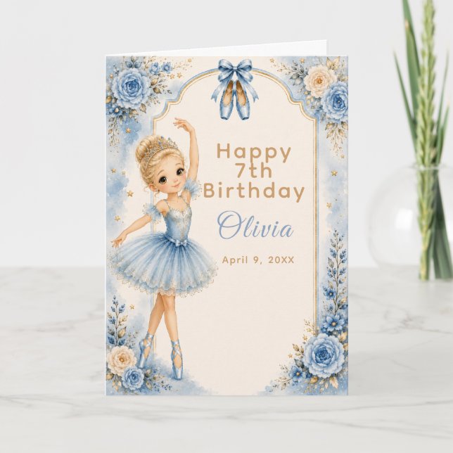 Blå ballerina födelsedagsfest  kort (Framsida)