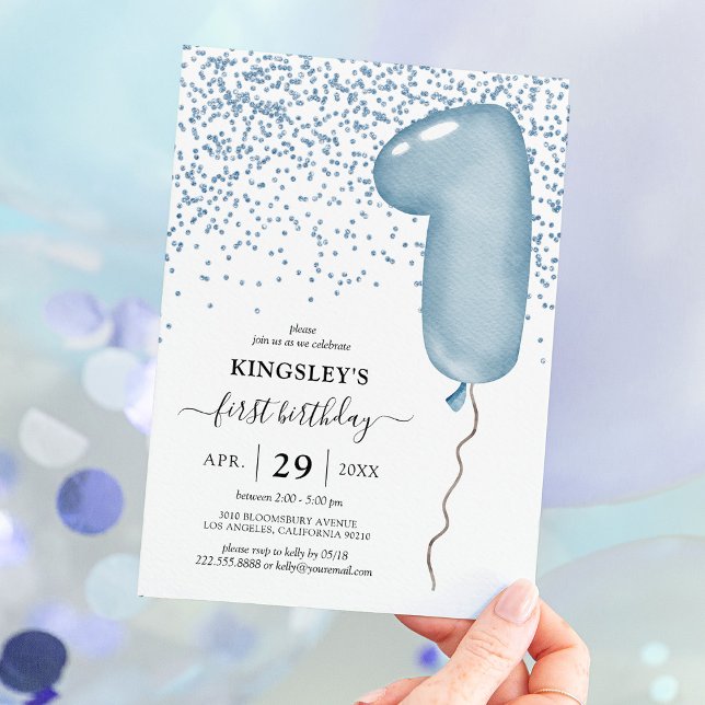 Blå ballong 1-års födelsedagsinbjudan inbjudningar (Skapare uppladdad)