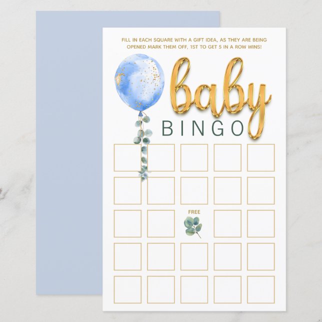 Blå ballong baby shower Bingo spelkort (Fram/baksida)