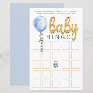 Blå ballong baby shower Bingo spelkort
