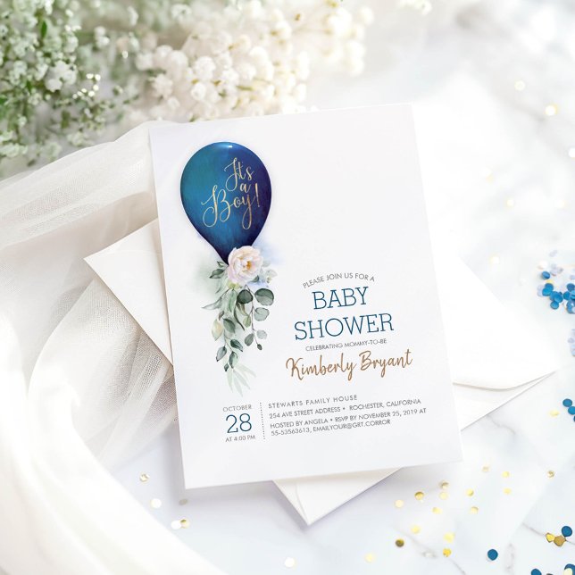 Blå ballong.. Det är en pojkvän-babyskor Inbjudningar (Navy Blue Boy Baby Shower Invitation)