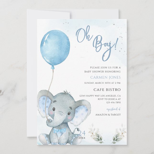 Blå Ballong Elefant Pojke Bebis Duschar Inbjudningar (Framsida)